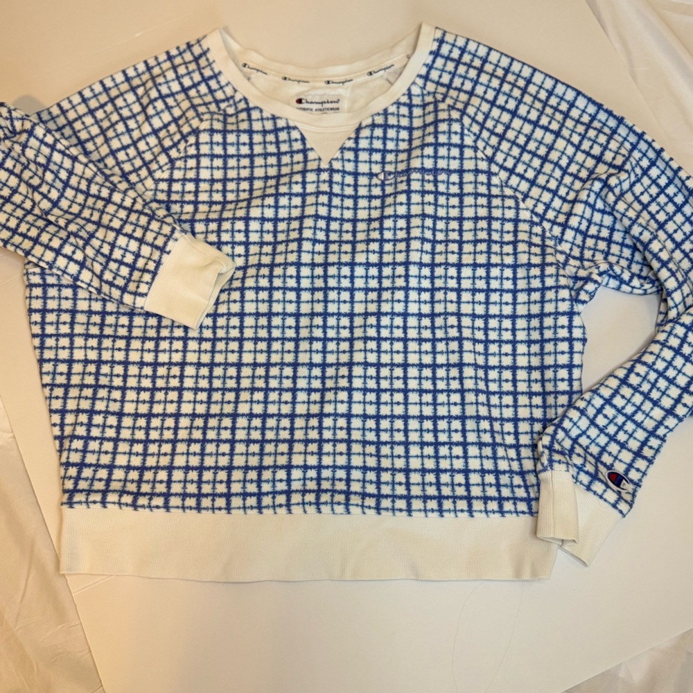 Champion Pretty Blue and White Grid Women's Large Crewneck